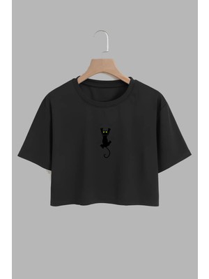 Youwinner Kadın Tırmanan Kedi Tasarım Baskılı Pamuk Sıyah Oversize Crop