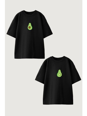 Youwinner Kadın Erkek Unisex Cute Avokado  Sevgili Çift Kombini Oversize Siyah Tshirt 2'li Takım