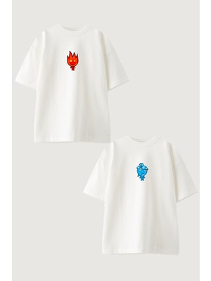 Youwinner Kadın Erkek Unisex Ateş ve Su Sevgili Çift Kombini Oversize Beyaz Tshirt 2'li Takım