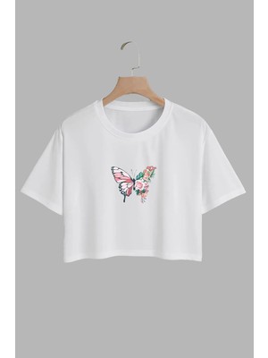 Youwinner Kadın Cicekli Kelebek Tasarım Baskılı Pamuk Beyaz Oversize Crop