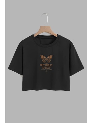 Youwinner Kadın Butterfly Effect Tasarım Baskılı Pamuk Sıyah Oversize Crop