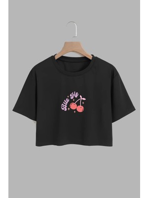 Youwinner Kadın Bite Me Tasarım Baskılı Pamuk Sıyah Oversize Crop