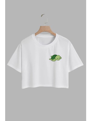 Youwinner Kadın Cute Green Turtle Tasarım Baskılı Pamuk Beyaz Oversize Crop