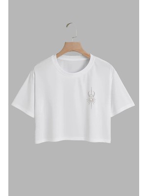 Youwinner Kadın Güneş ve Ay Sembolu Tasarım Baskılı Pamuk Beyaz Oversize Crop