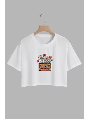 Youwinner Kadın Cicekli Kaset Tasarım Baskılı Pamuk Beyaz Oversize Crop