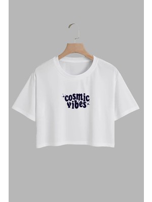 Youwinner Kadın Cosmic Vibes Tasarım Baskılı Pamuk Beyaz Oversize Crop