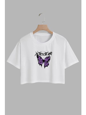 Youwinner Kadın Mor Kelebek Tasarım Baskılı Pamuk Beyaz Oversize Crop