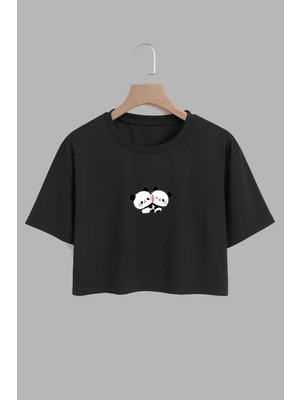 Youwinner Kadın Sarılan Pandalar Tasarım Baskılı Pamuk Sıyah Oversize Crop
