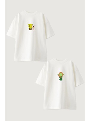 Youwinner Kadın Erkek Unisex Srek ve Prenses Sevgili Çift Kombini Oversize Beyaz Tshirt 2'li Takım