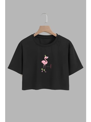 Youwinner Kadın Flaming Hot Tasarım Baskılı Pamuk Sıyah Oversize Crop