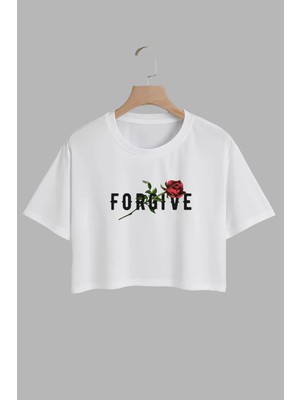 Youwinner Kadın Forgive Tasarım Baskılı Pamuk Beyaz Oversize Crop