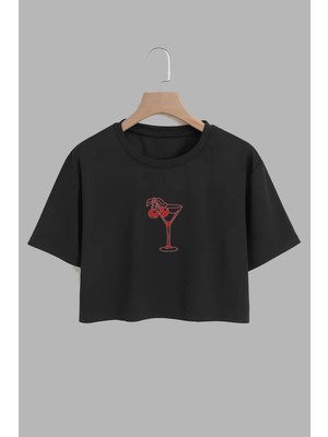 Youwinner Kadın Visne Kokteyl Tasarım Baskılı Pamuk Sıyah Oversize Crop