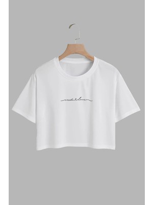 Youwinner Kadın Imza Tasarım Baskılı Pamuk Beyaz Oversize Crop