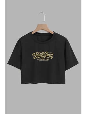 Youwinner Kadın Bike Shed Tasarım Baskılı Pamuk Sıyah Oversize Crop