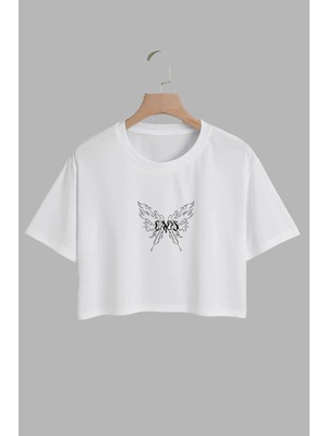 Youwinner Kadın Eaos Kelebek Tasarım Baskılı Pamuk Beyaz Oversize Crop
