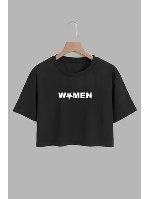 Youwinner Kadın Women Tasarım Baskılı Pamuk Sıyah Oversize Crop