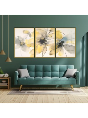 Gaagart 3'lü Metal Çerçeveli Cam Tablo Seti Çizgisel Pastel Sarı Çiçek
