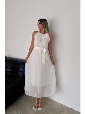 Neşeli Butik Kadın Gül Broş Detaylı Uzun Şifon Elbise NBK2144