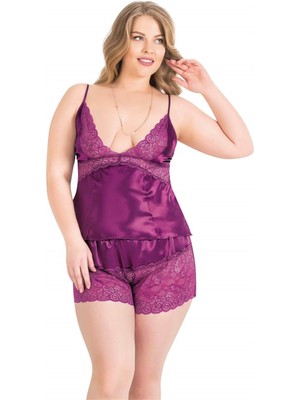 Primoda Shopidik Büyük Beden Mor Saten Babydoll Şort Takımı