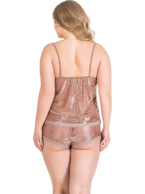 Primoda Shopidik Büyük Beden Vizon Jakarlı Babydoll Şort Takımı