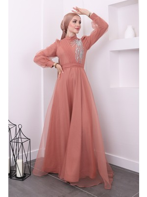 Somon Ön Detaylı Taşlı Tül Abiye