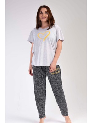 New Pajamas Kadın Gri  Kısa Kollu Kalp Desenli Bisiklet Yaka Oval Etek Süprem Pijama Takımı