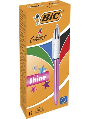 4 Colours Shine Pembe Gövde Tükenmez Kalem 12'li Kutu, 4 Renk (Mavi, Siyah,yeşil ve Kırmızı), 1.0 Mm. Uç