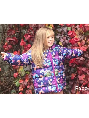 Soylu Grup Kız Çocuk Kelebek Desenli Baskılı Dolumlu Iç Polarlı Kapüşonlu Kışlık Şişme Çocuk Mont-Kaban