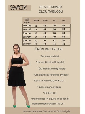 Sea Moda Büyük Beden Beli Lastikli Fırfırlı Likralı Konfor Siyah Etek