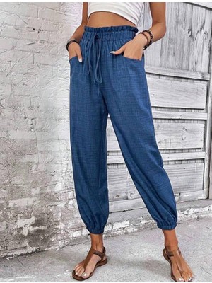 Rengamoda Kadın Bağcık ve Cep Detay Beli Lastikli Sofya Keten Kumaş Pantolon (Renkli)