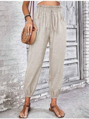 Rengamoda Kadın Bağcık ve Cep Detay Beli Lastikli Sofya Keten Kumaş Pantolon (Renkli)