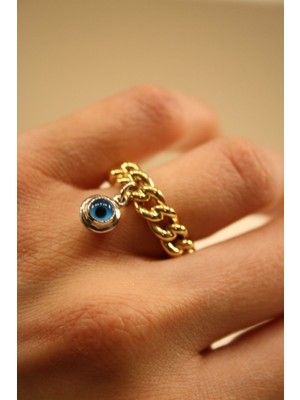 Yenigün Kuyumculuk 14 Ayar Altın Zincir Nazar Boncuğu Detaylı Kadın Yüzük