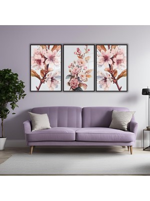 Gaagart 3'lü Metal Çerçeveli Cam Tablo Seti Pastel Pembe Dalında Çiçek