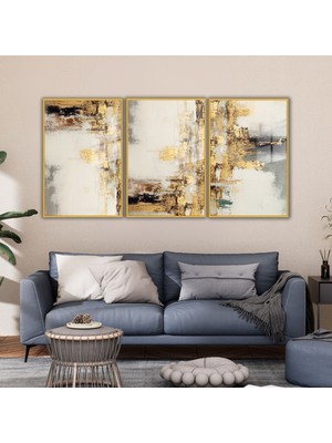 Gaagart 3'lü Metal Çerçeveli Cam Tablo Seti Gold Gri Desen Tasarımı