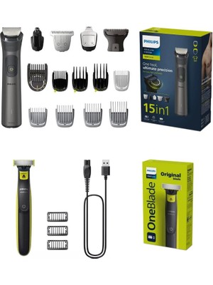 Philips Sıfır Traş, Yüz Saç Vücut Traş ve Erkek Bakım Seti 15 Parça Hepsi Bir Arada Islak ve Kuru Kullanım - Benzersiz Oneblade Teknolojisi