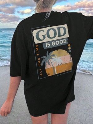 Beeton God Is Good T-Shirt Siyah Baskılı Oversize Bisiklet Yaka Kısa Kol