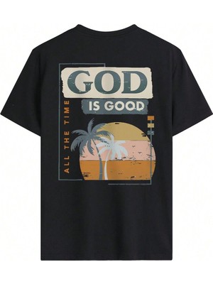 Beeton God Is Good T-Shirt Siyah Baskılı Oversize Bisiklet Yaka Kısa Kol