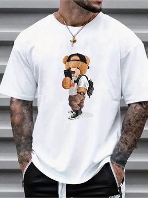 Beeton Cool Bear T-Shirt Beyaz Baskılı Oversize Bisiklet Yaka Kısa Kol