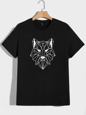 Beeton Geometrik Kurt Desen T-Shirt Siyah Baskılı Oversize Bisiklet Yaka Kısa Kol