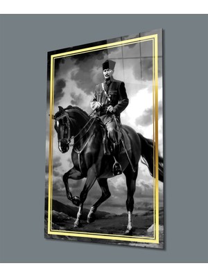 Miyrem  Miyrem Glasses Collection -A1^#  Gold Şerit Siyah Beyaz At Üzerinde Atatürk Cam Tablo