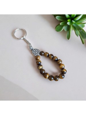 Mga Doğaltaş Kaplan Gözü Taşı Anahtarlık Anahtarlık Doğal Tesbih Model Doğal Taş Çelik