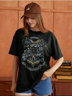 Stıl X Harry Potter Hogwarts Baskılı Bisiklet Yaka %100 Pamuklu Oversıze T-Shirt