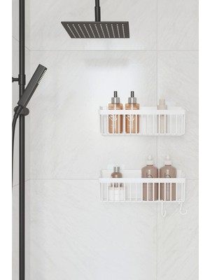 Safestore Yapışkanlı Banyo Rafı 2'li Banyo Düzenleyici Duş Rafı Kanca Askılı Organizer Şampuanlık Plastik