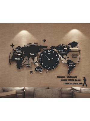 Woodhub 50 x 100 Dünya Haritalı Ahşap Saat Siyah Dikdörtgen Modern Tasarım ve Sessiz Mekanizma