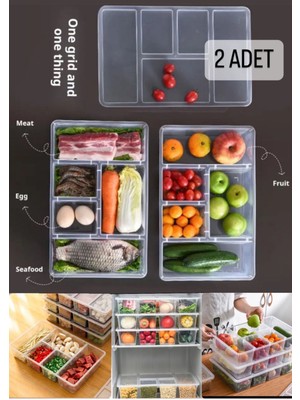 Bayev 2 Adet Luna Kapaklı 5 Bölmeli Buzdolabı Düzenleyici Sebzelik - Et Balık Sebze Organizer