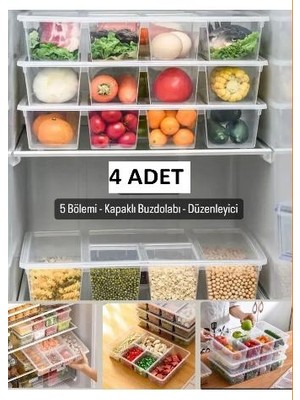 Bayev 4 Adet Luna Kapaklı 5 Bölmeli Buzdolabı Düzenleyici Sebzelik - Et Balık Sebze Organizer