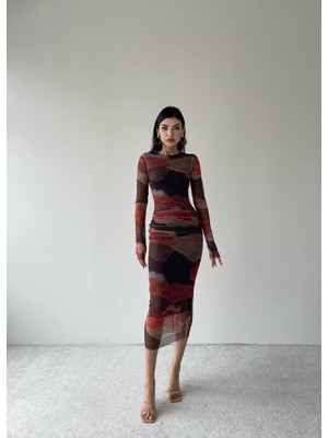 Concon Moda Streç Midi Uzun Kol Elbise Kırmızı