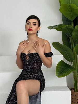 Concon Moda Tasarım Puantiyeli Uzun Elbise
