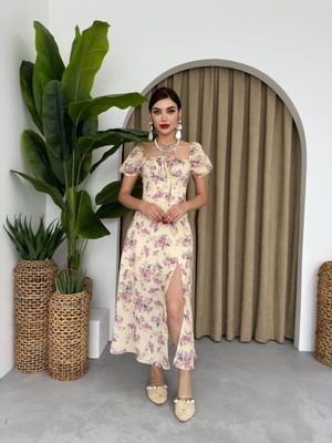 Concon Moda Yazgülü Yırtmaçlı Sarı Çiçekli Elbise