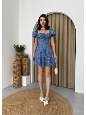 Concon Moda Nakış Balon Kol Mini Mavi Elbise